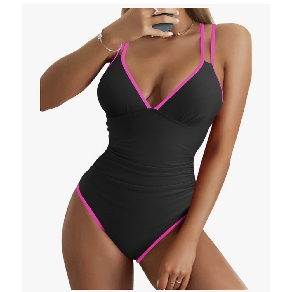Women's V Neck One Piece Swimsuit Tummy Control black pink size Large